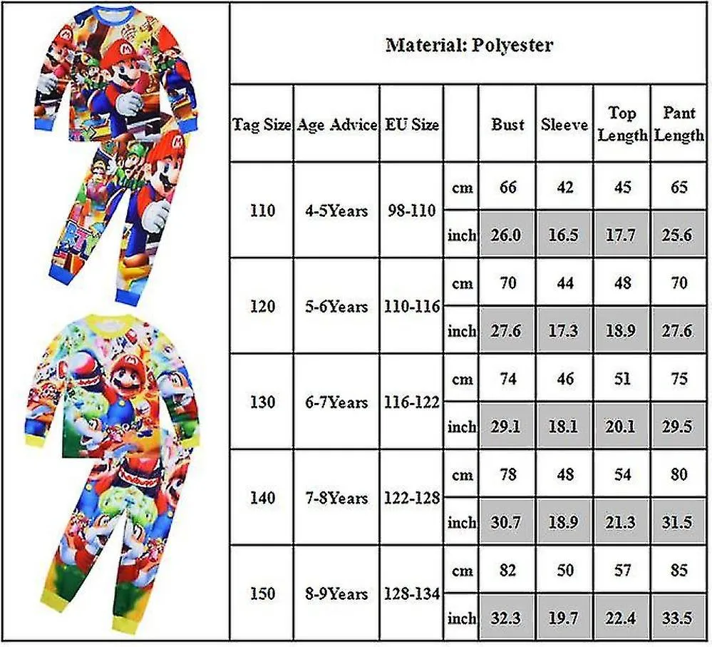 49 AñOS NIñOS SUPER MARIO BROS PIJAMAS SET PJS ROPA DE DORMIR PIJAMAS TRAJES REGALOS