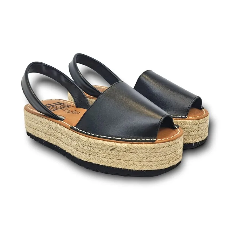 Avarcas Menorquinas Plataforma Mujer Piel Plantilla Acolchada 16201 Negro, de Blusandal