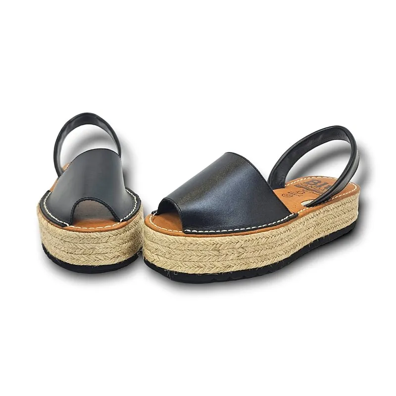 Avarcas Menorquinas Plataforma Mujer Piel Plantilla Acolchada 16201 Negro, de Blusandal