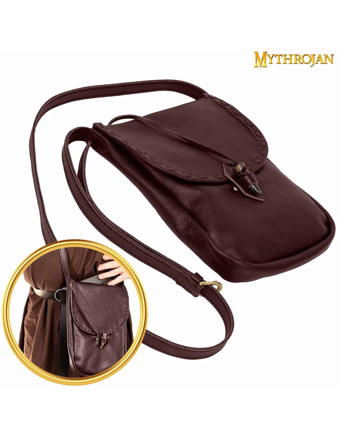 BOLSA MEDIEVAL EN PIEL, TIPO BANDOLERA  MARRóN (33X23 CM.)