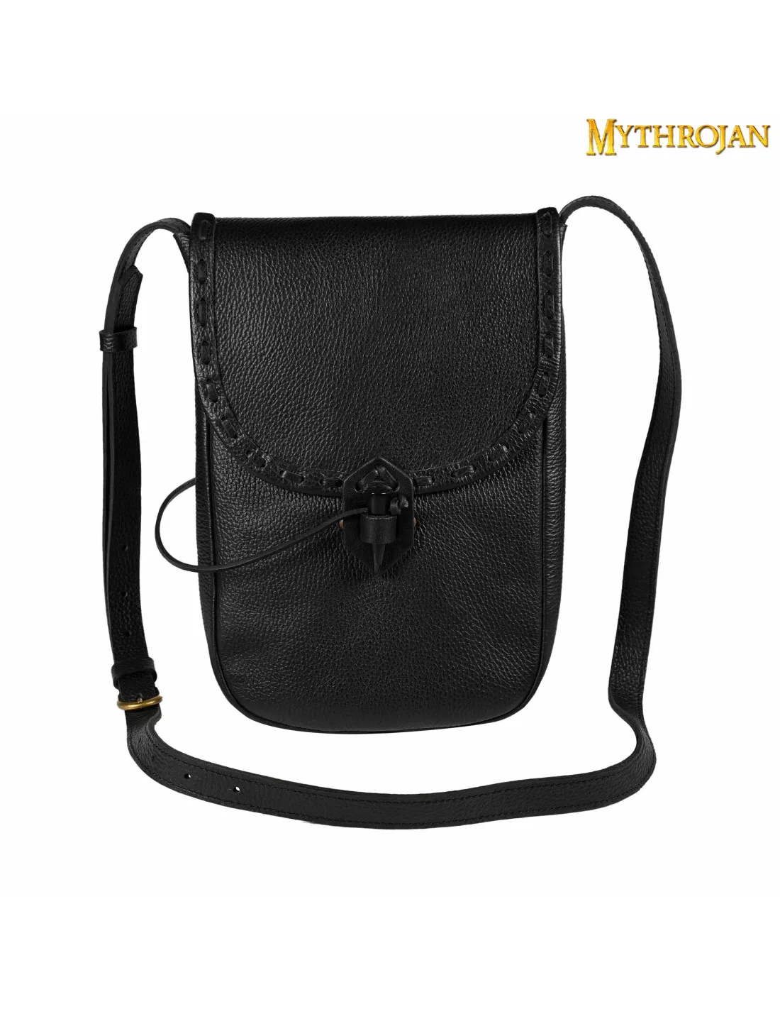 BOLSA MEDIEVAL EN PIEL, TIPO BANDOLERA  NEGRA (33X23 CM.)