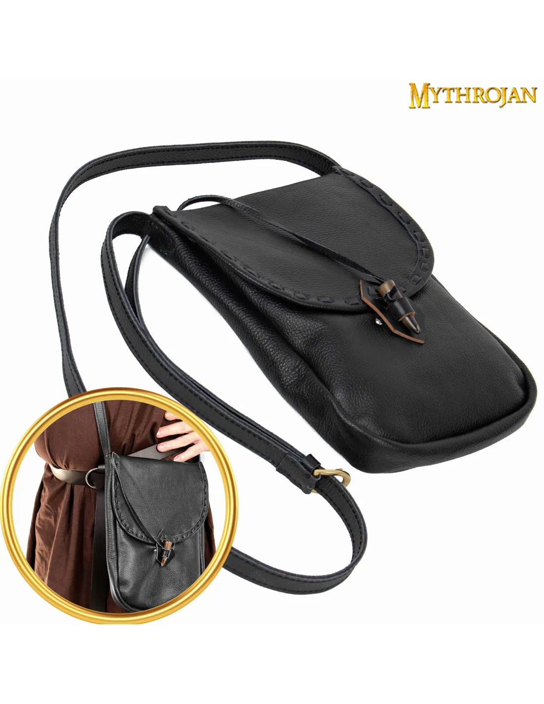 BOLSA MEDIEVAL EN PIEL, TIPO BANDOLERA  NEGRA (33X23 CM.)
