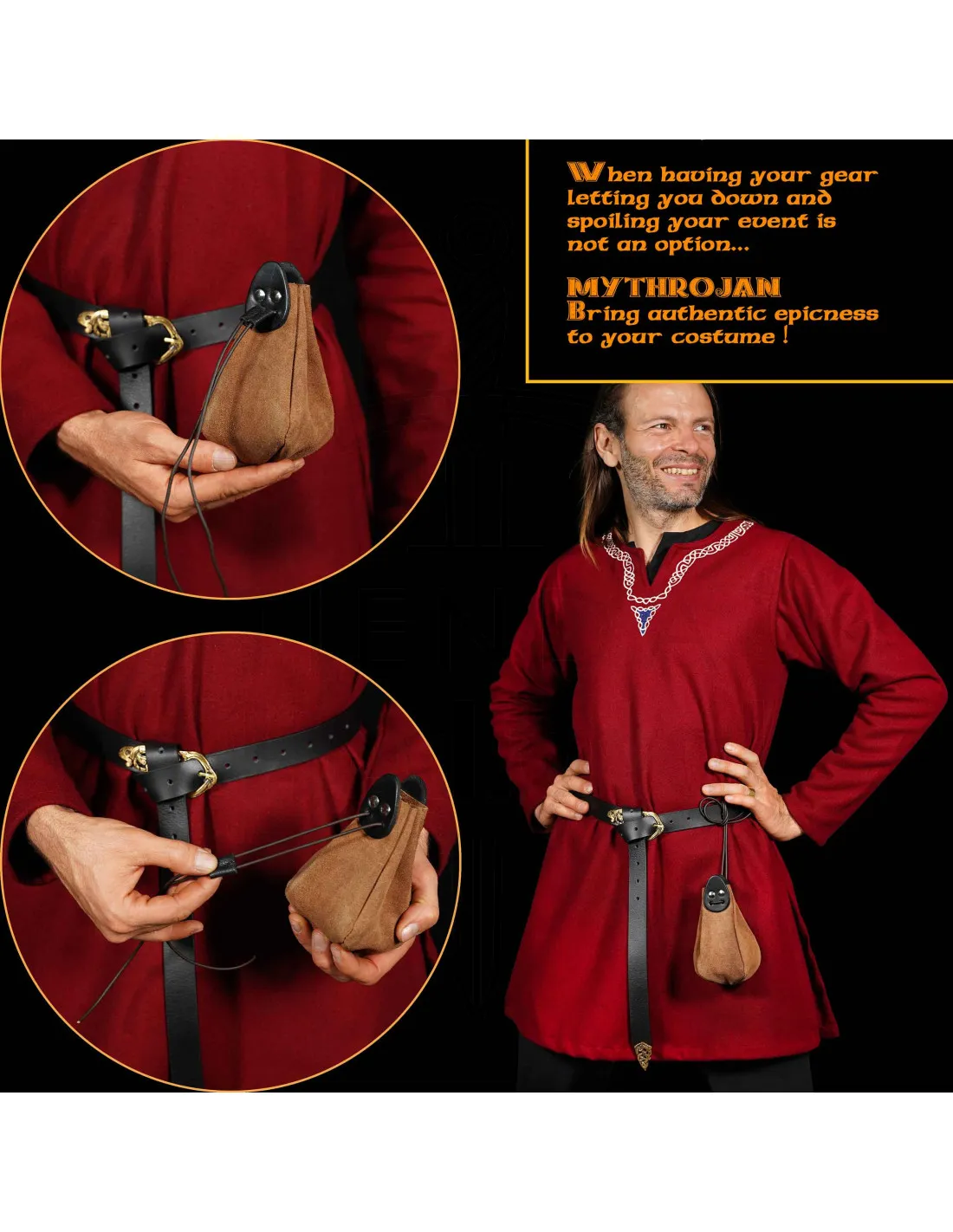Bolsita medieval cuero marrón y negro para recreaciones