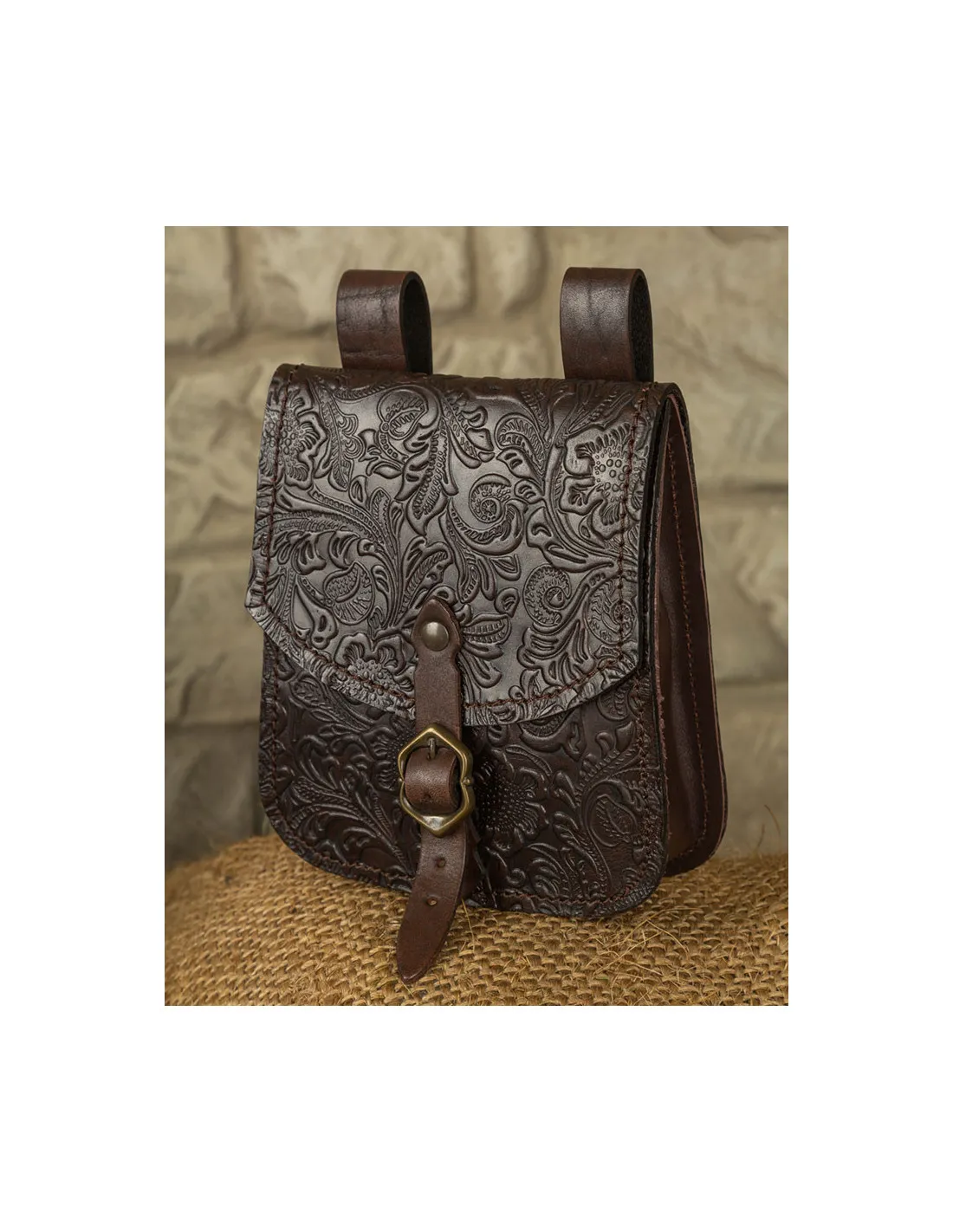 Bolso medieval Beatriz en cuero repujado marrón oscuro