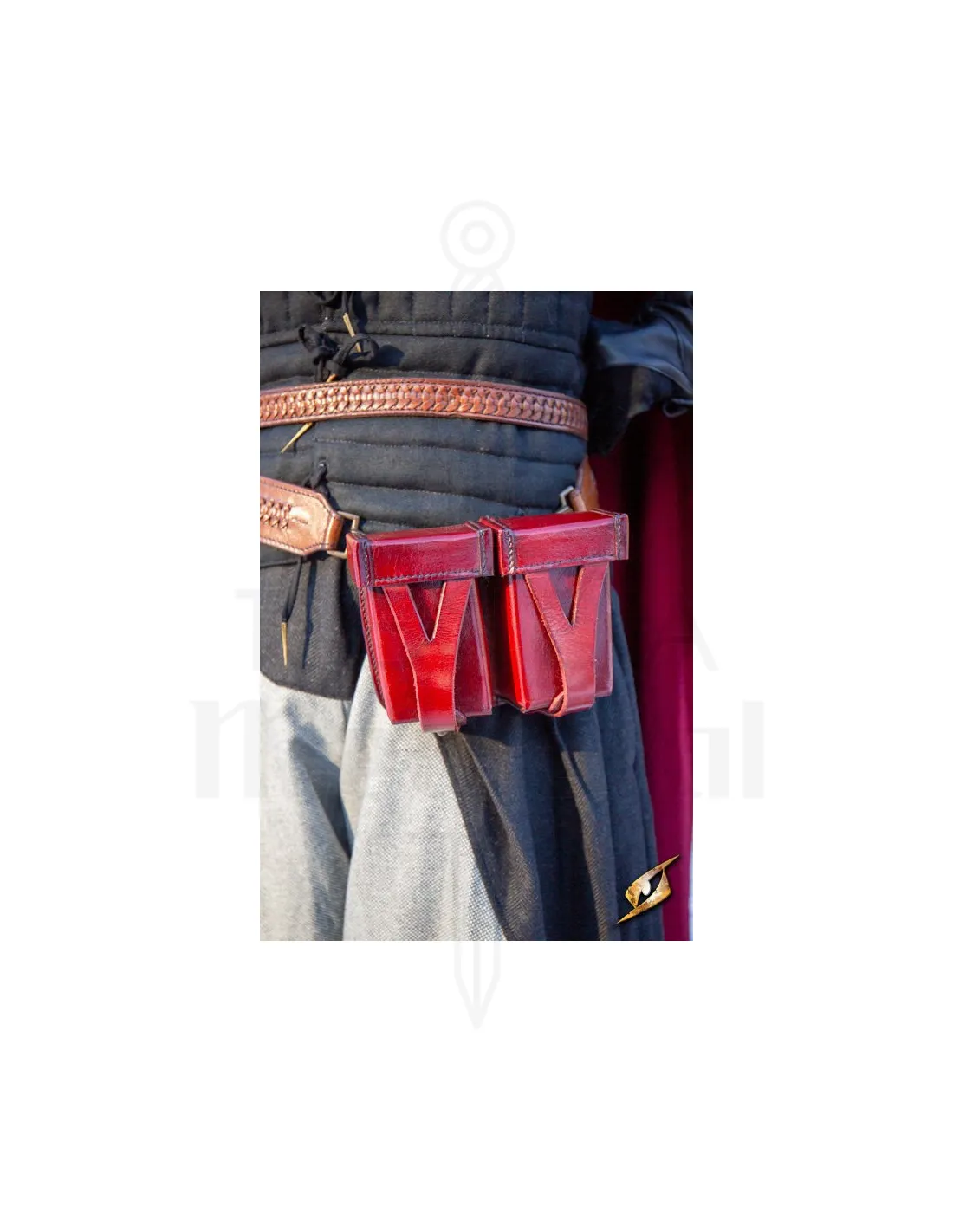 Bolso medieval rojo de cuero rígido para cinturón