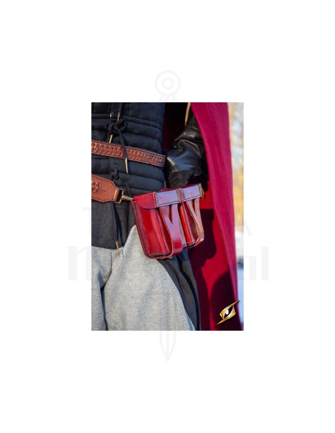 Bolso medieval rojo de cuero rígido para cinturón