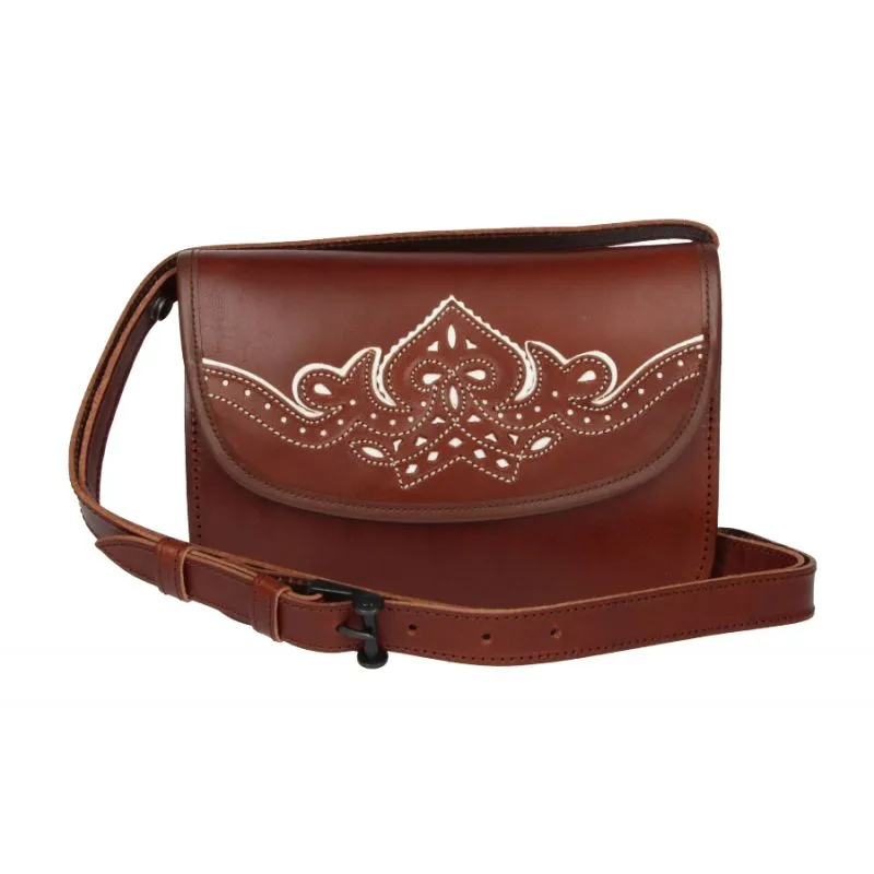 Bolso rociero grande cuero bordado blanco con correa