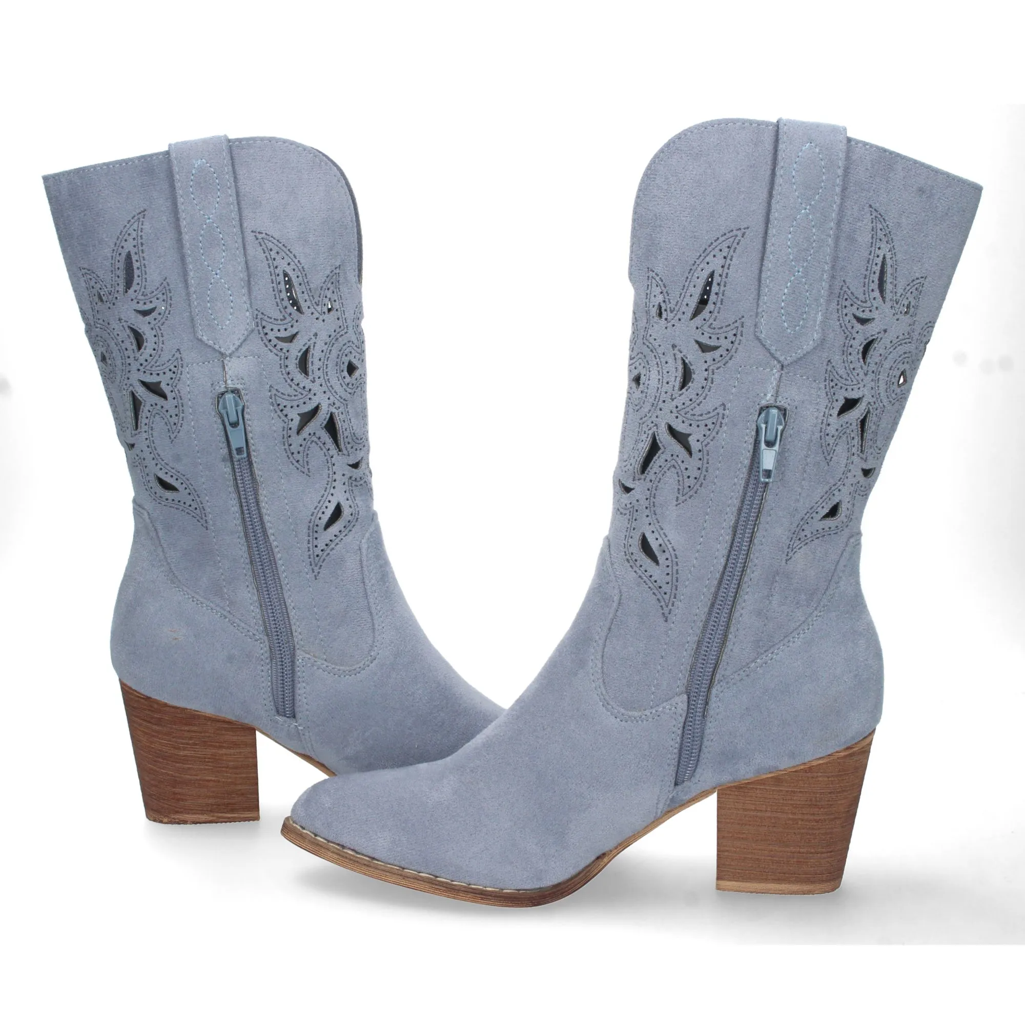 Botas camperas de tacón medio con calados mujer color azul