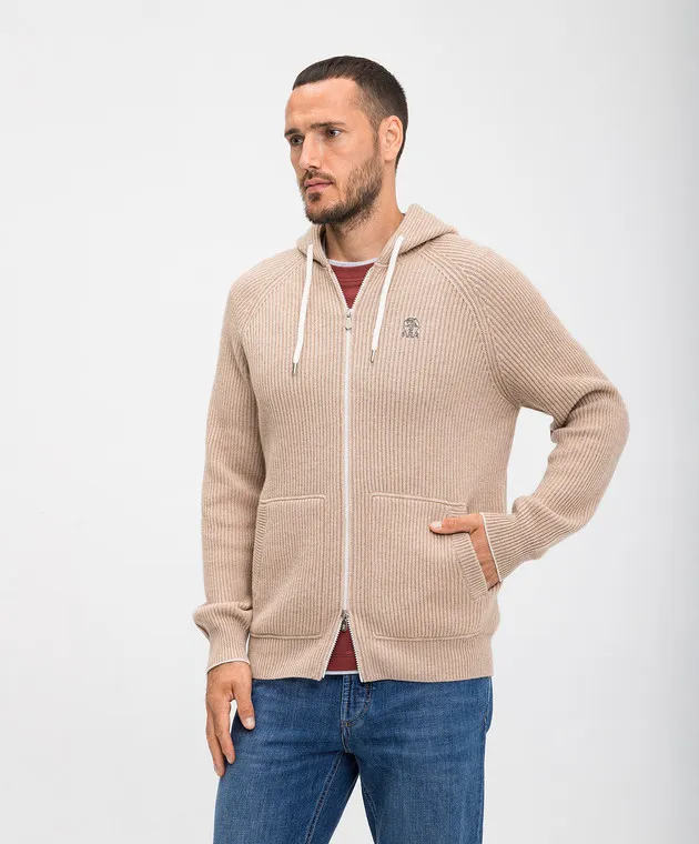 Brunello Cucinelli Beige cashmere sports jacket with logo embroidery