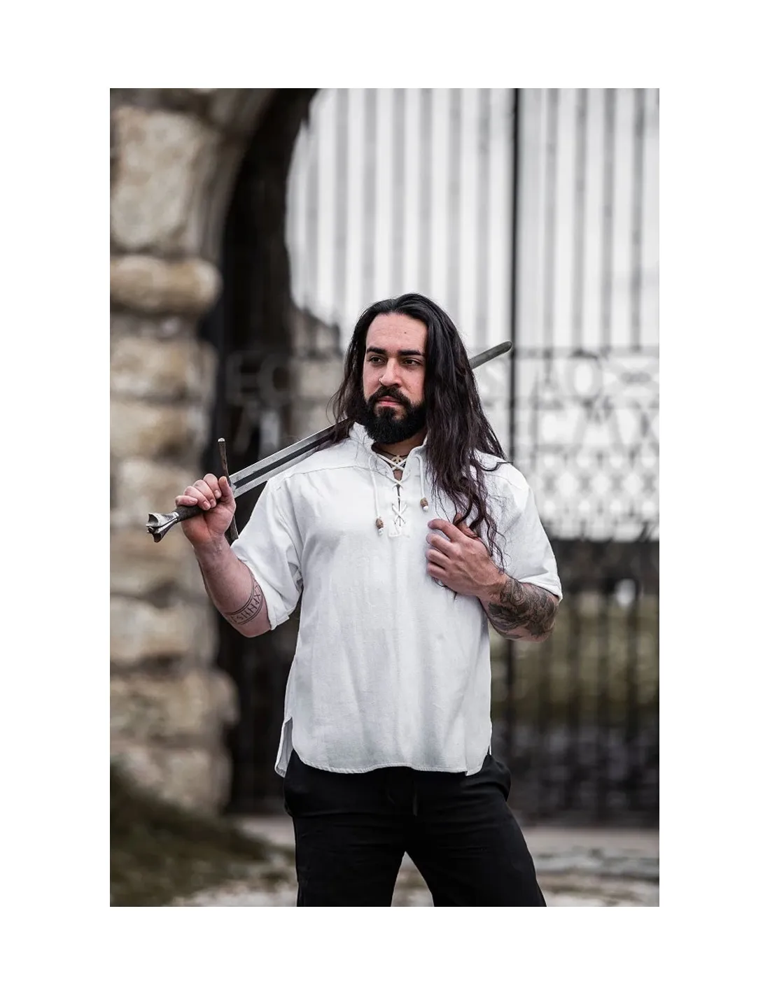 Camisa medieval manga corta y lazos, color blanco