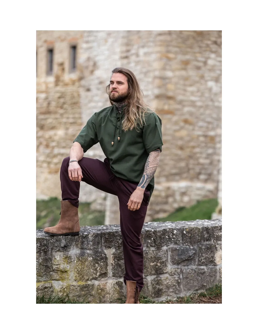 Camisa medieval manga corta y lazos, color verde