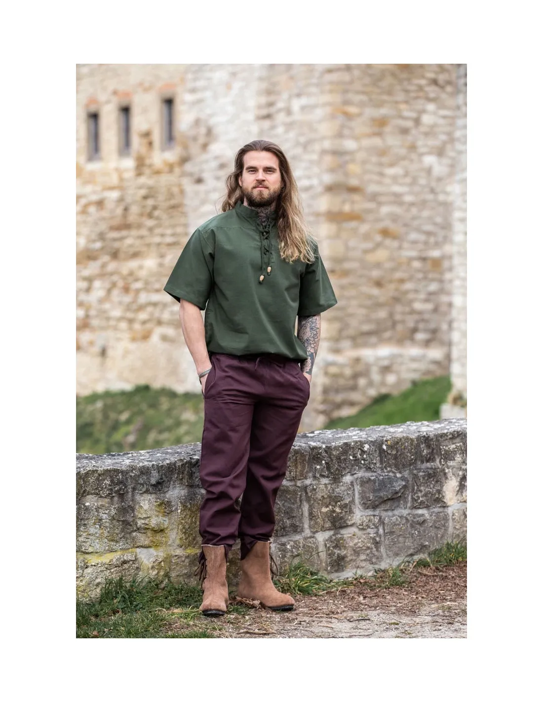 Camisa medieval manga corta y lazos, color verde