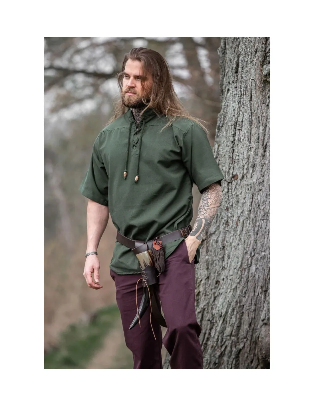 Camisa medieval manga corta y lazos, color verde