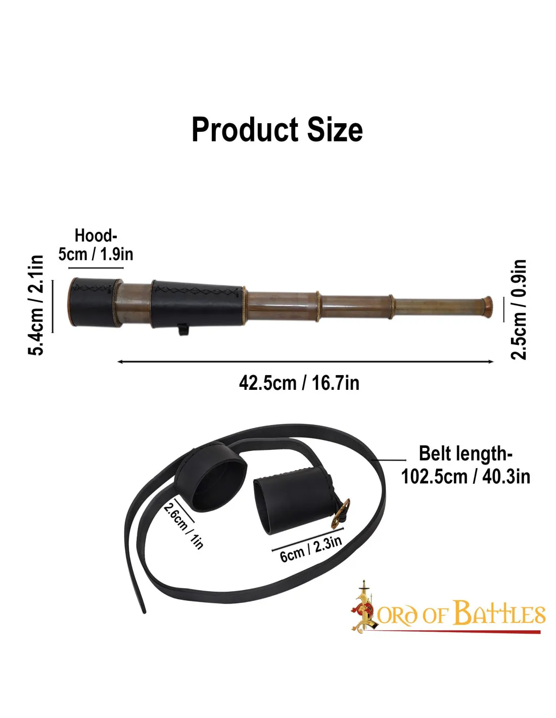 Catalejo medieval funcional latón con funda cuero (42,5 cm.)
