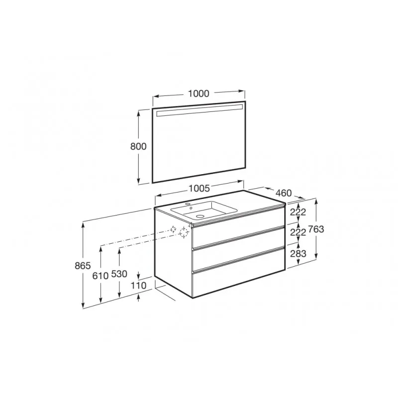 CONJUNTO DE MUEBLE 3 CAJONES, LAVABO Y ESPEJO CON LED THE GAP  ROCA