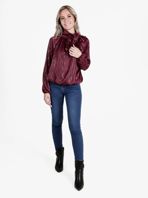 Daystar Blusa de mujer de manga larga con rayas plateadas.