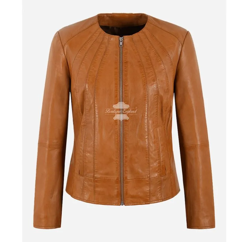 DUA LIPA Collarless Leather Jacket Tan Fitted Round Neck Ladies Jacket