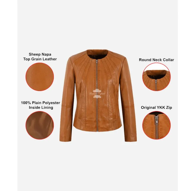 DUA LIPA Collarless Leather Jacket Tan Fitted Round Neck Ladies Jacket