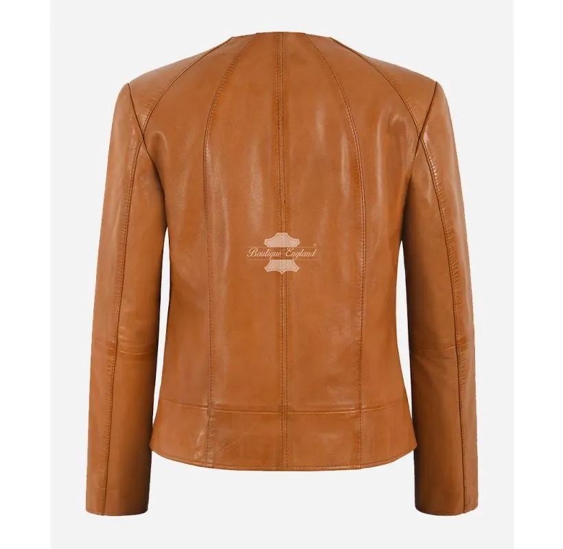 DUA LIPA Collarless Leather Jacket Tan Fitted Round Neck Ladies Jacket