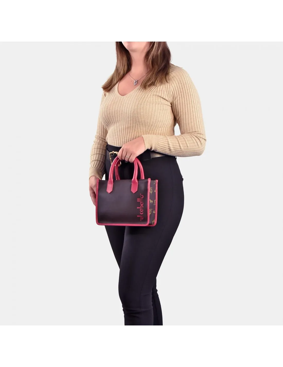 EL CABALLO Bolso mini Tote de mano en lona estampada y piel