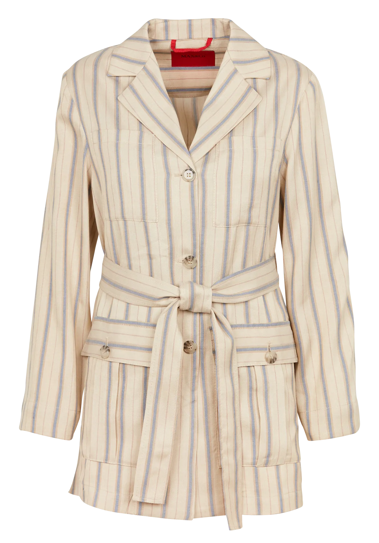 INN  CHAQUETA ABOTONADA DE RAYAS CON CINTURóN Y BOTONES EN BEIGE
