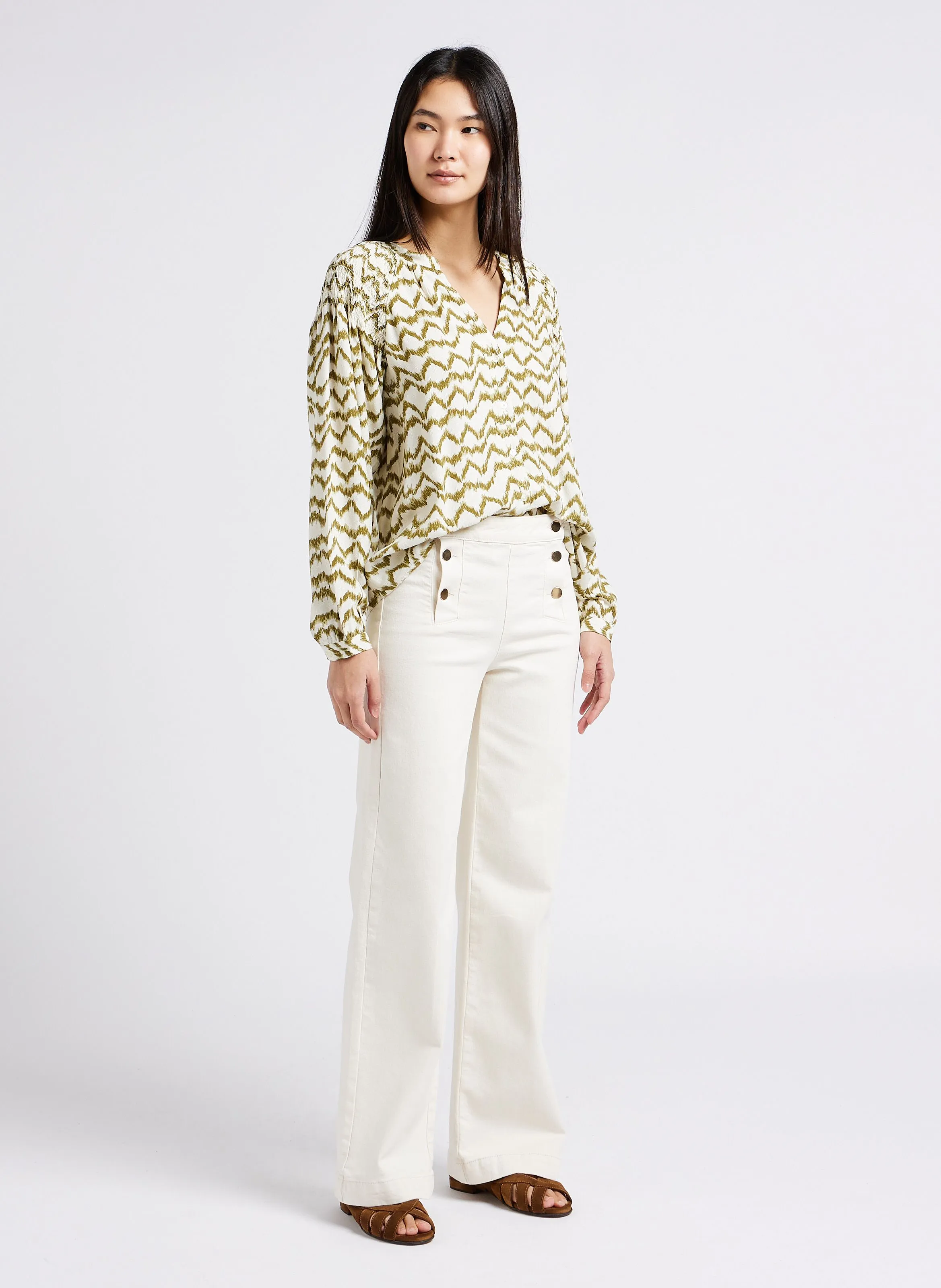 MAISON 123 OXAN  PANTALóN ANCHO DE ALGODóN ELáSTICO CON PUENTE EN BEIGE