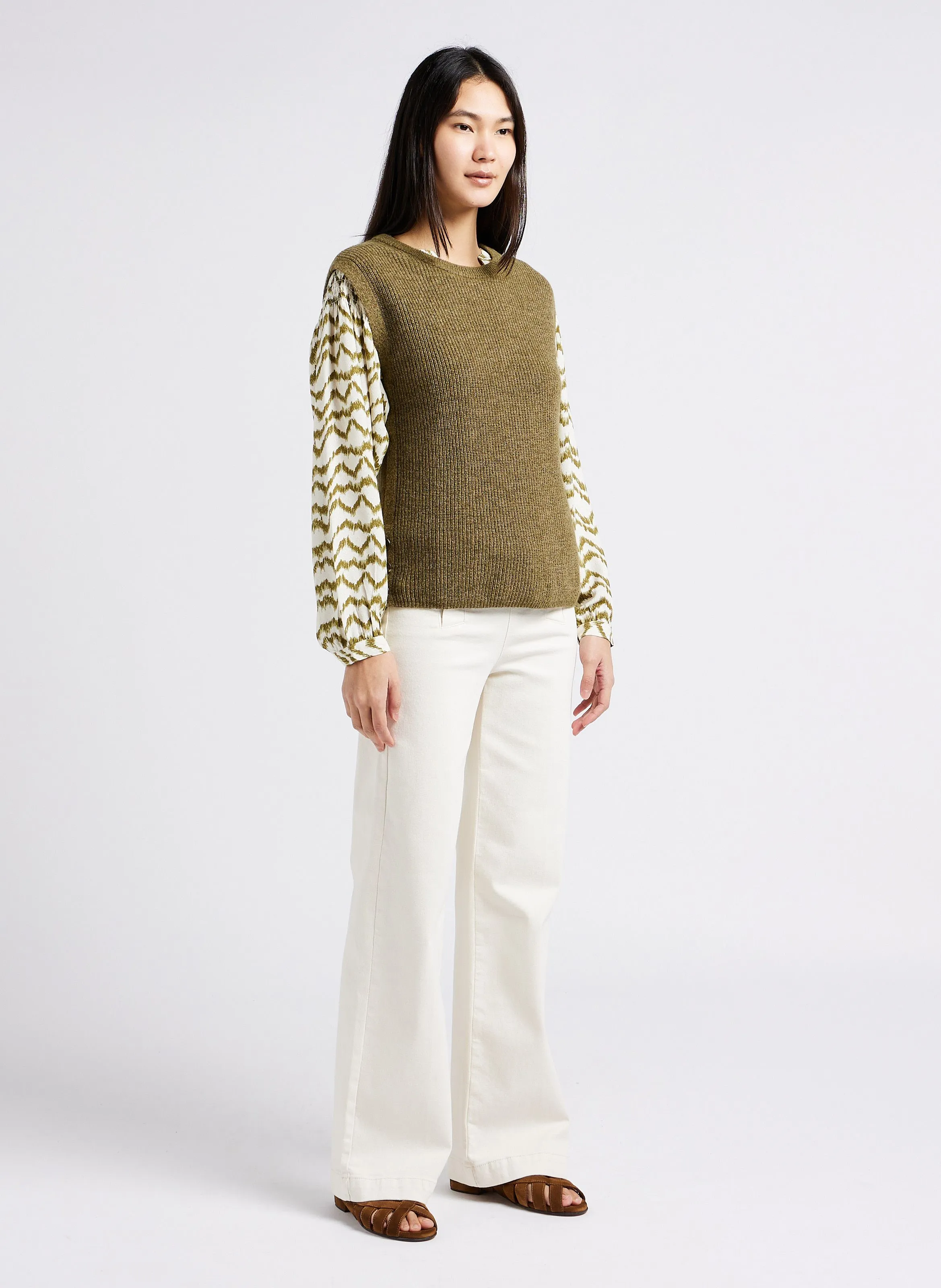 MAISON 123 OXAN  PANTALóN ANCHO DE ALGODóN ELáSTICO CON PUENTE EN BEIGE