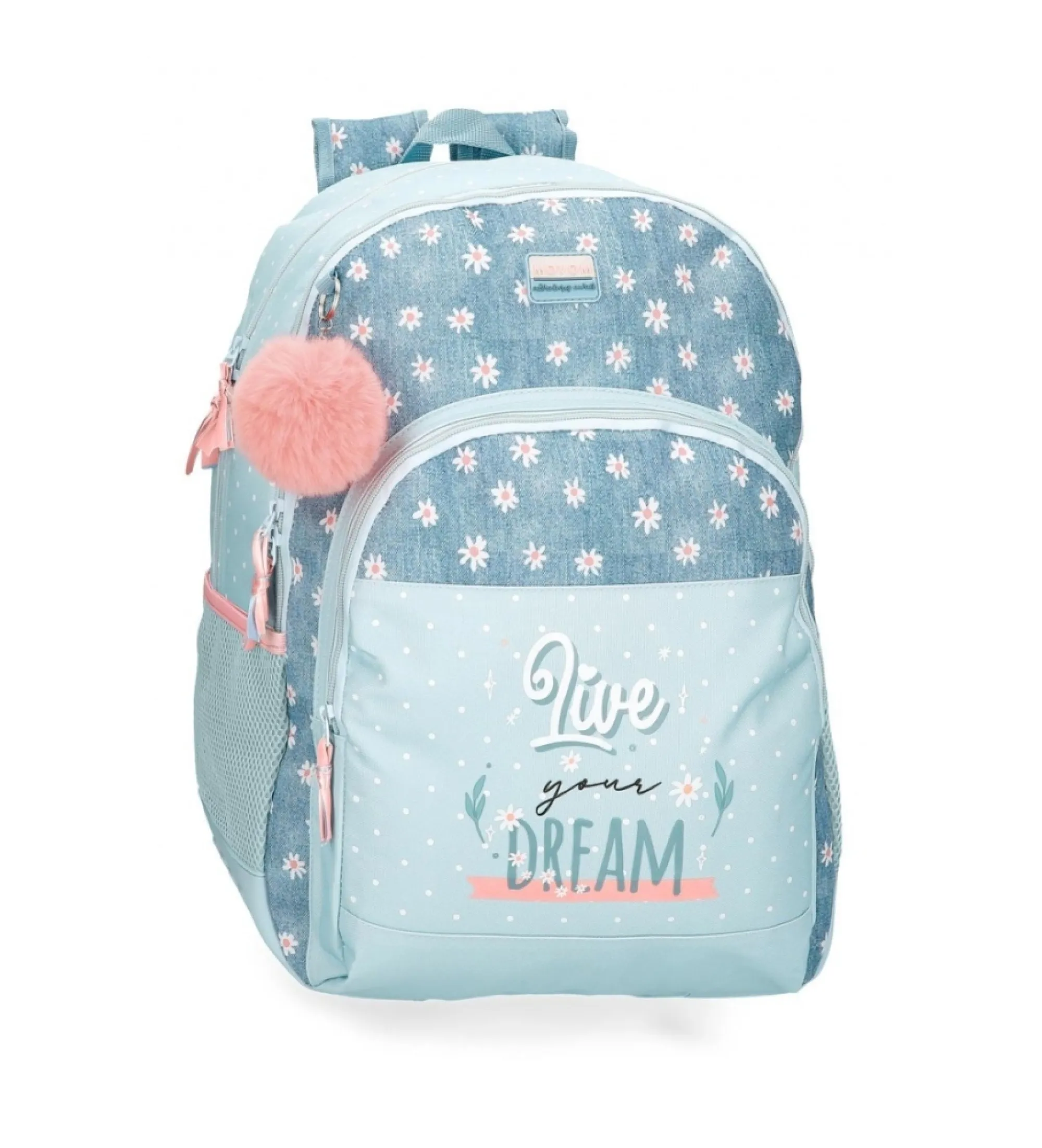 Mochila escolar Movom Live your dreams dos compartimentos adaptable a carro azul turquesa