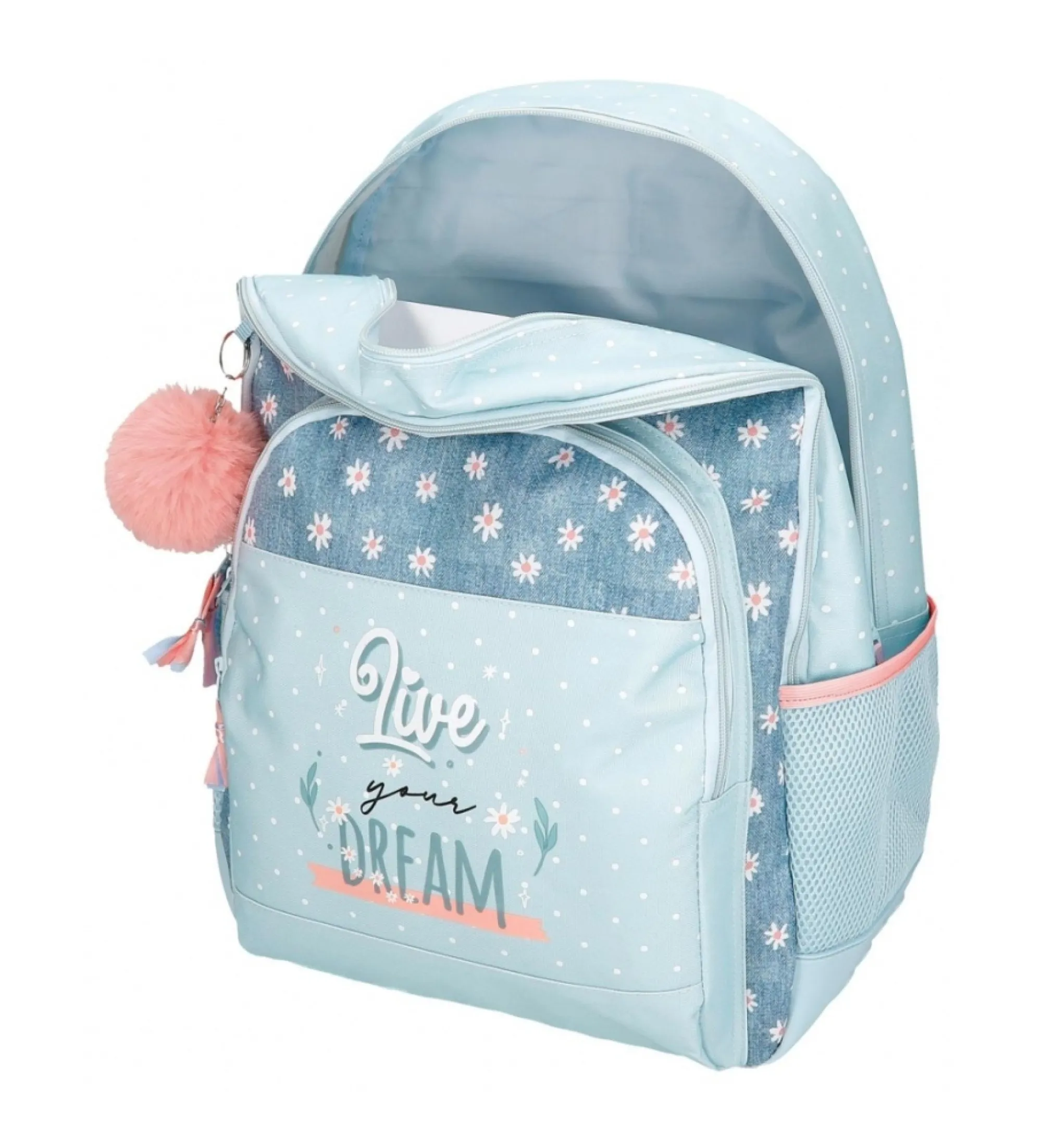 Mochila escolar Movom Live your dreams dos compartimentos adaptable a carro azul turquesa