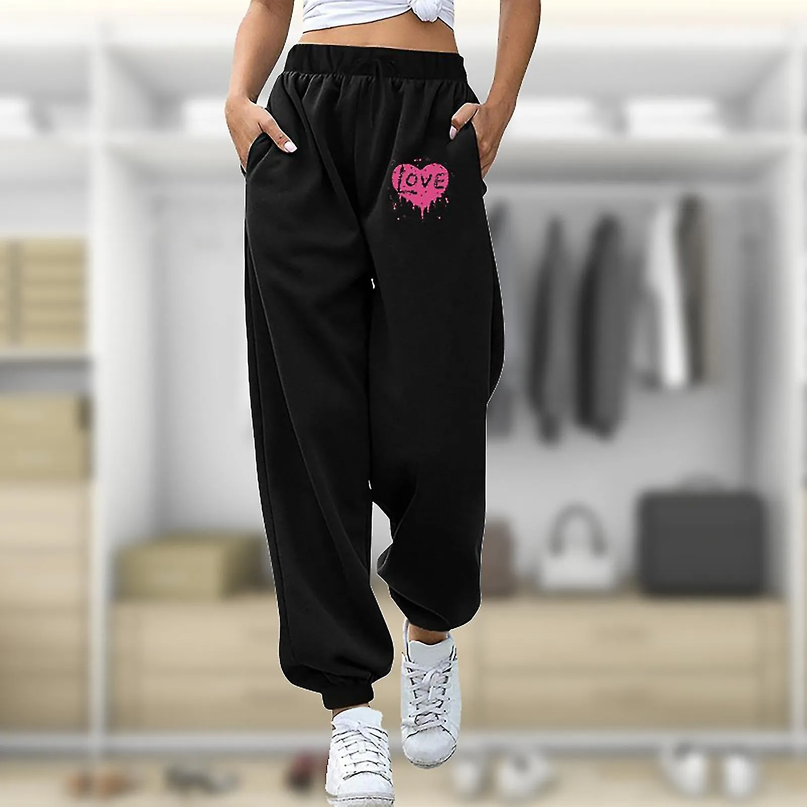 Pantalones de salón de las mujeres con bolsillos sueltos de cintura alta Harem Pantalones de joggers para hacer ejercicio Runnin