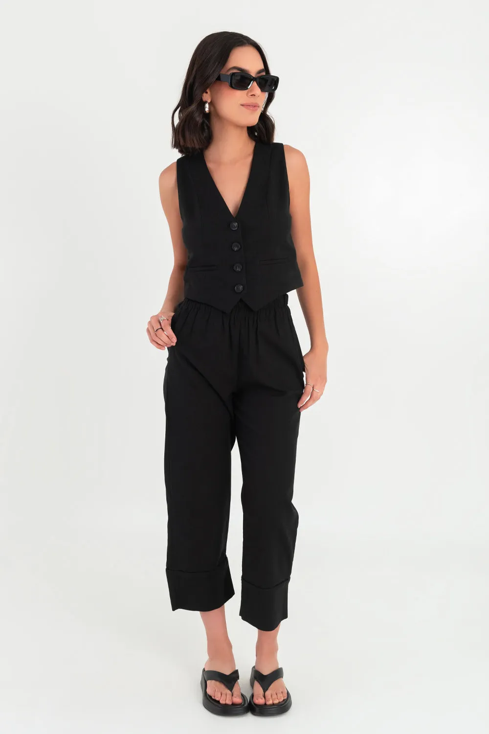 Pantalón de lino fit culotte tiro alto