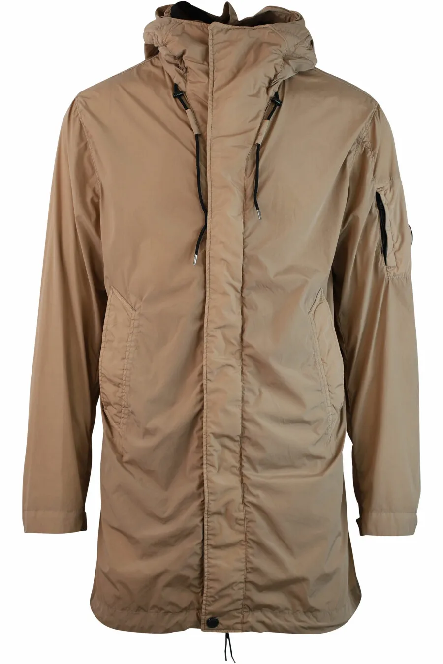 Parka beige larga con capucha y bolsillo lateral con minilogo