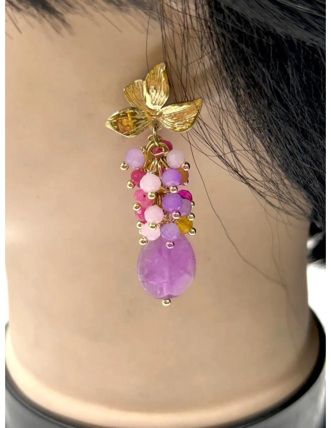 PENDIENTES LARGOS LILAS DE AGATAS PARA INVITADAS DE BAUTIZOS Y BODAS