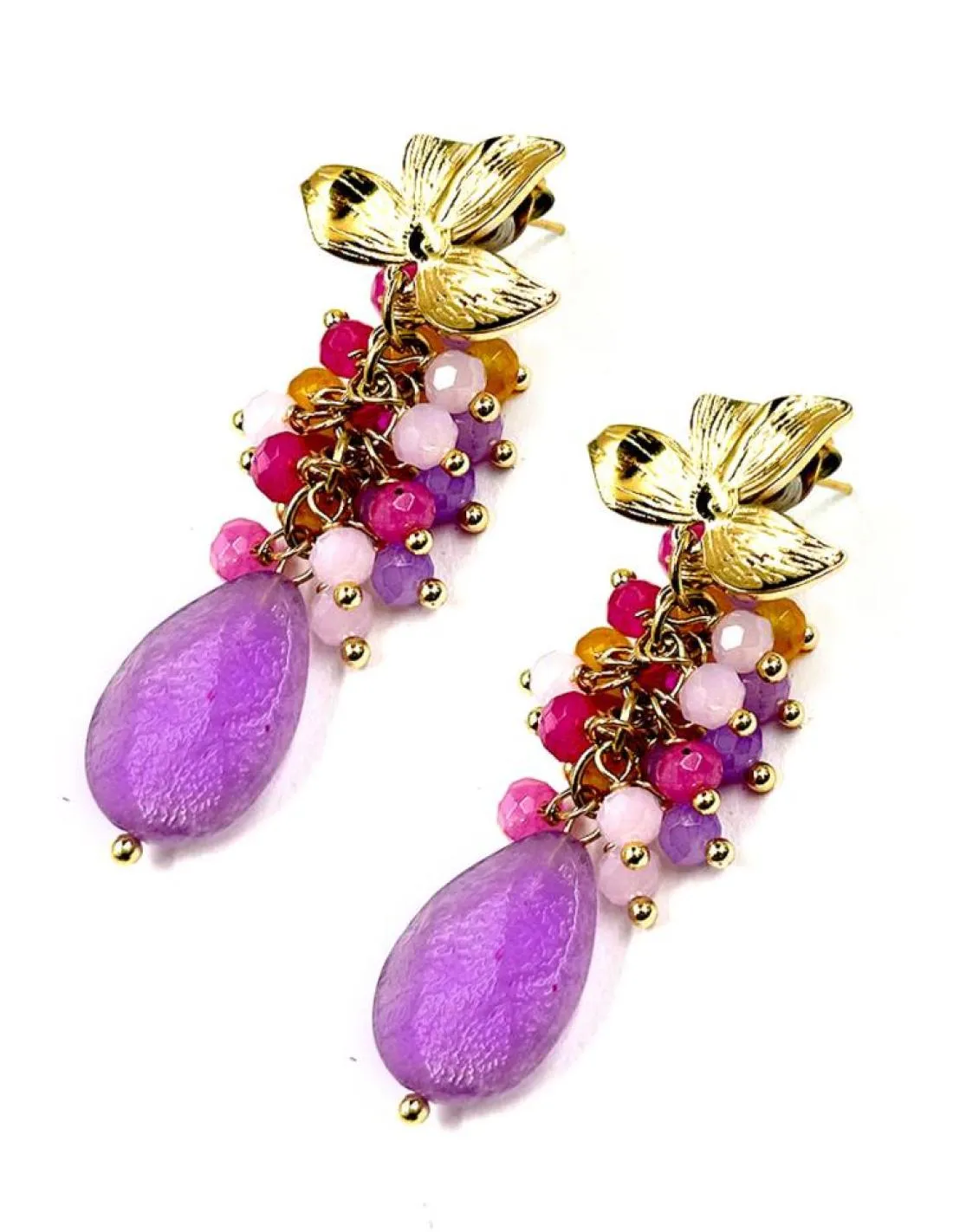 PENDIENTES LARGOS LILAS DE AGATAS PARA INVITADAS DE BAUTIZOS Y BODAS