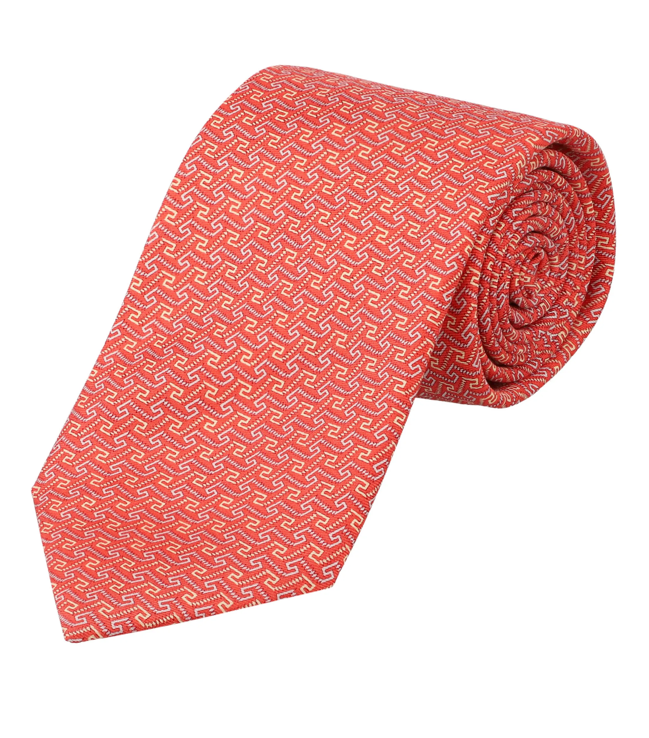 Pineda Covalin Corbata ancha en seda coral con grecas escaleras Mitla