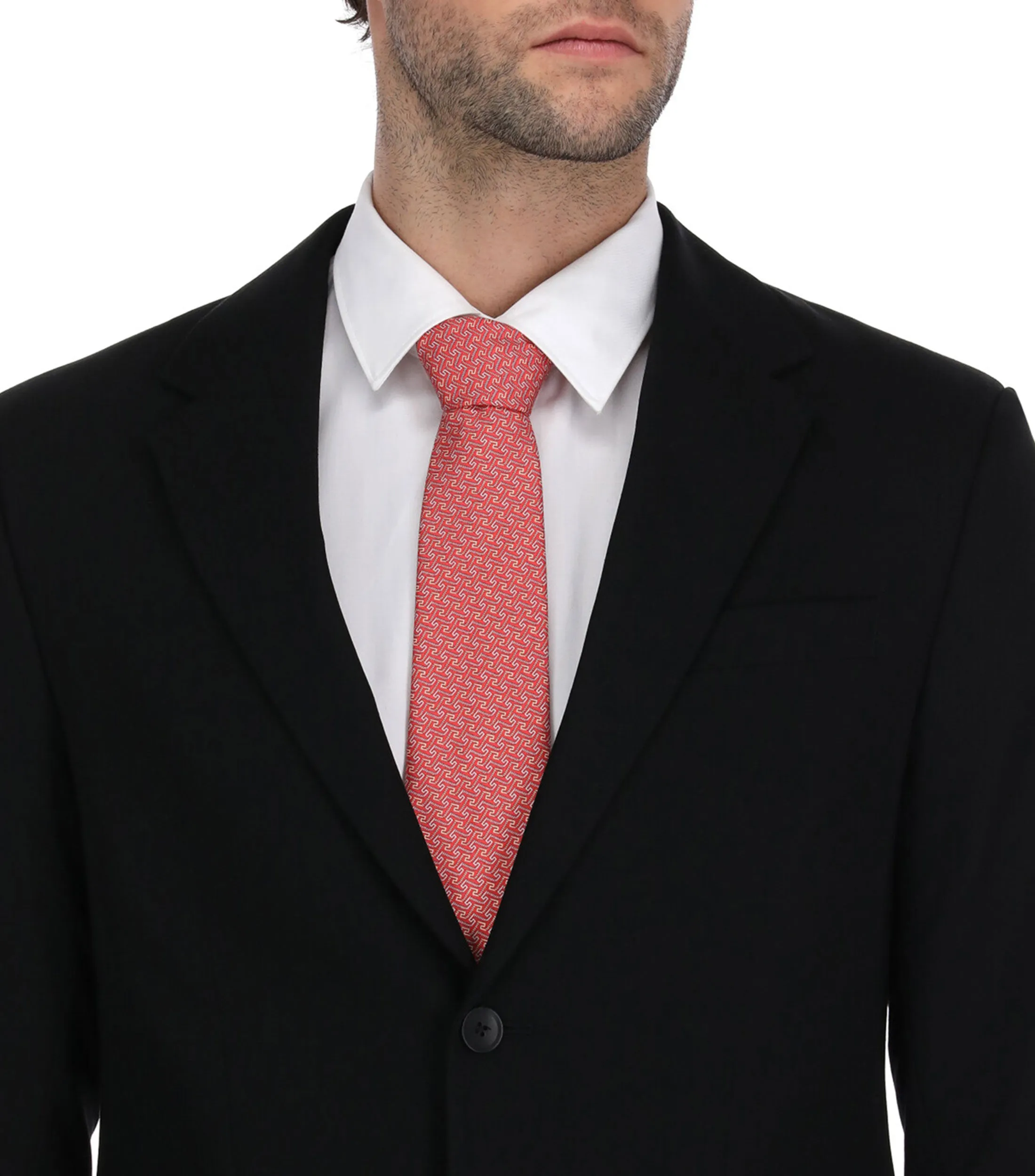 Pineda Covalin Corbata ancha en seda coral con grecas escaleras Mitla