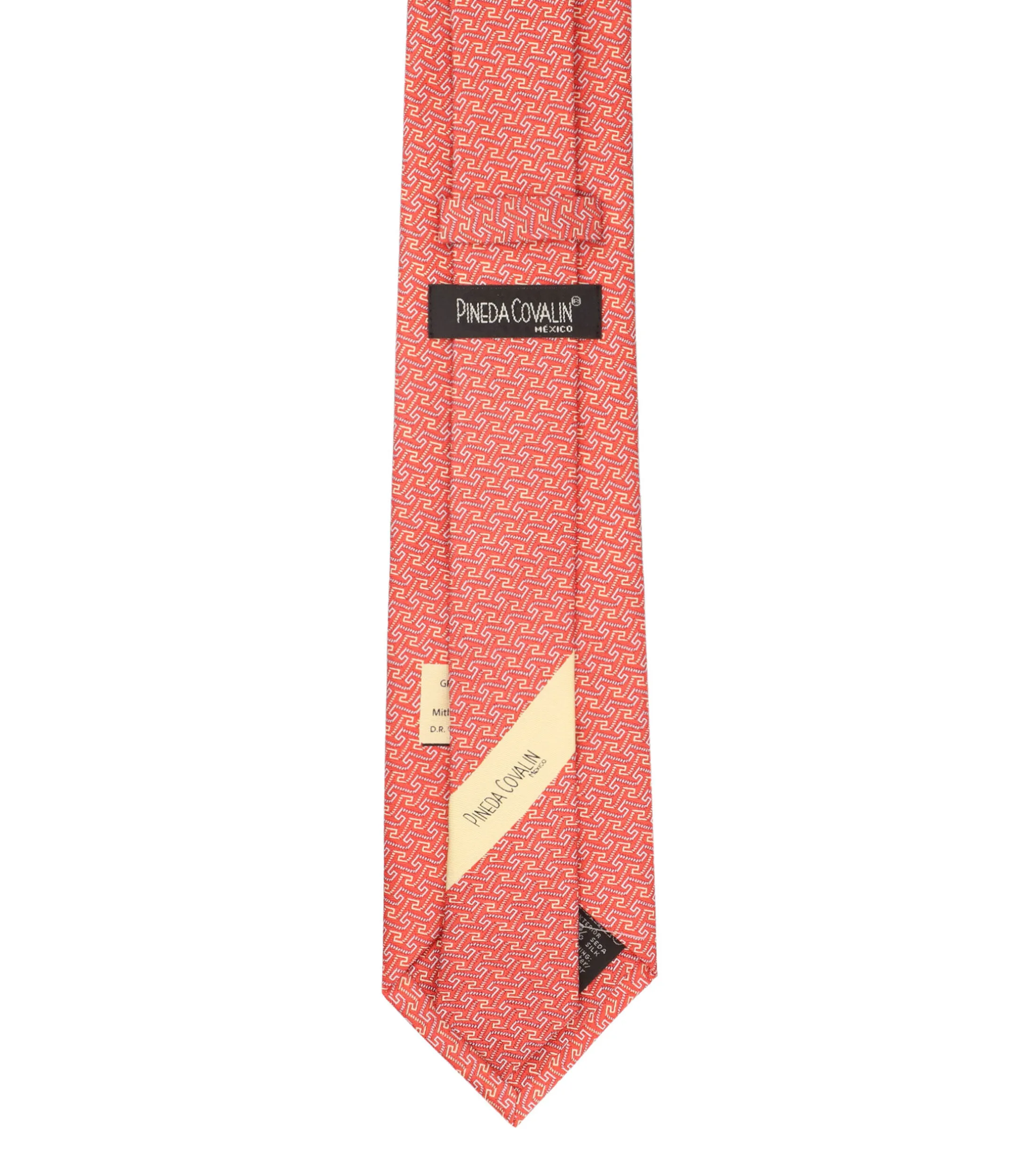 Pineda Covalin Corbata ancha en seda coral con grecas escaleras Mitla