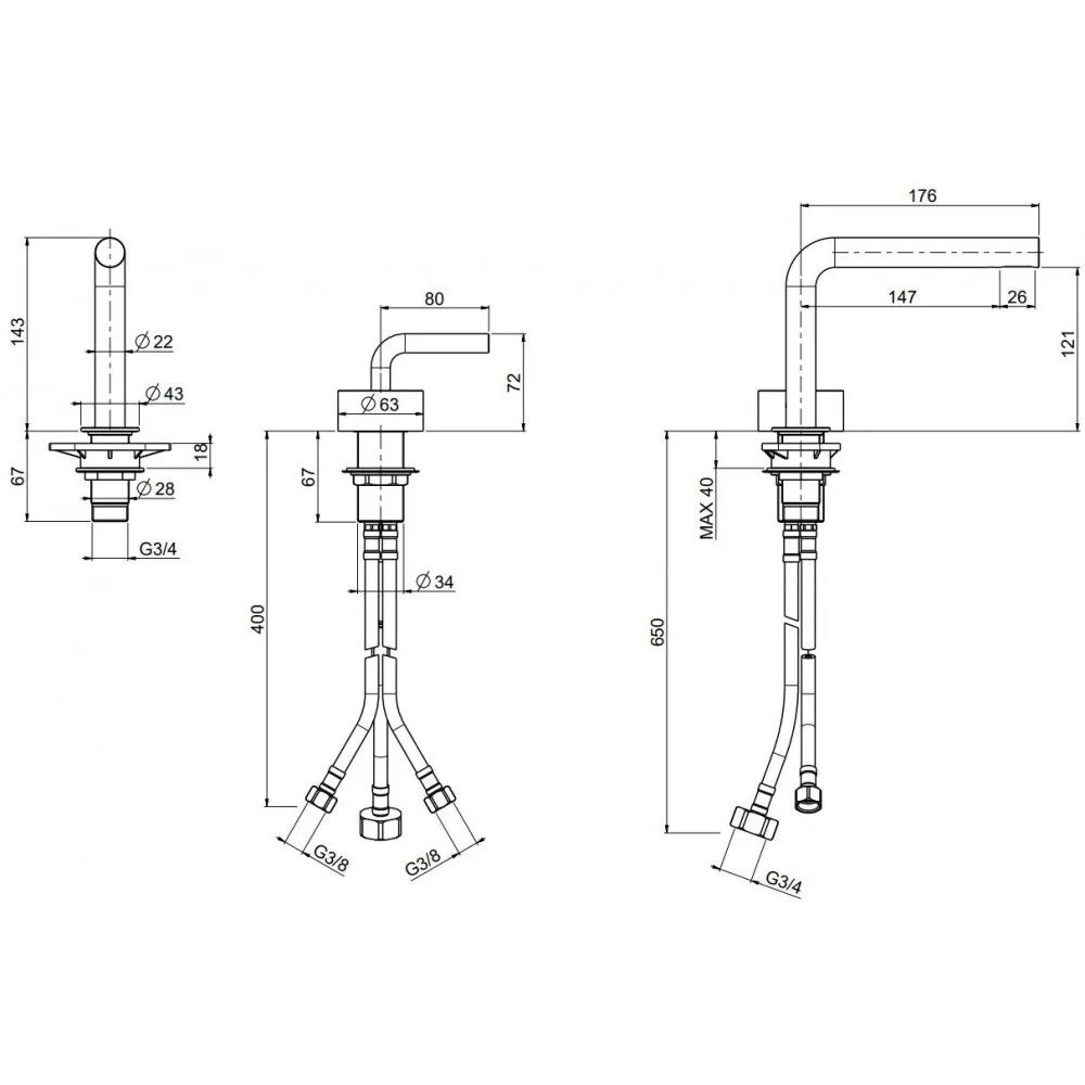 QUADRO DESIGN LEVO MEZCLADOR DE LAVABO DE 2 AGUJEROS H 143 MM