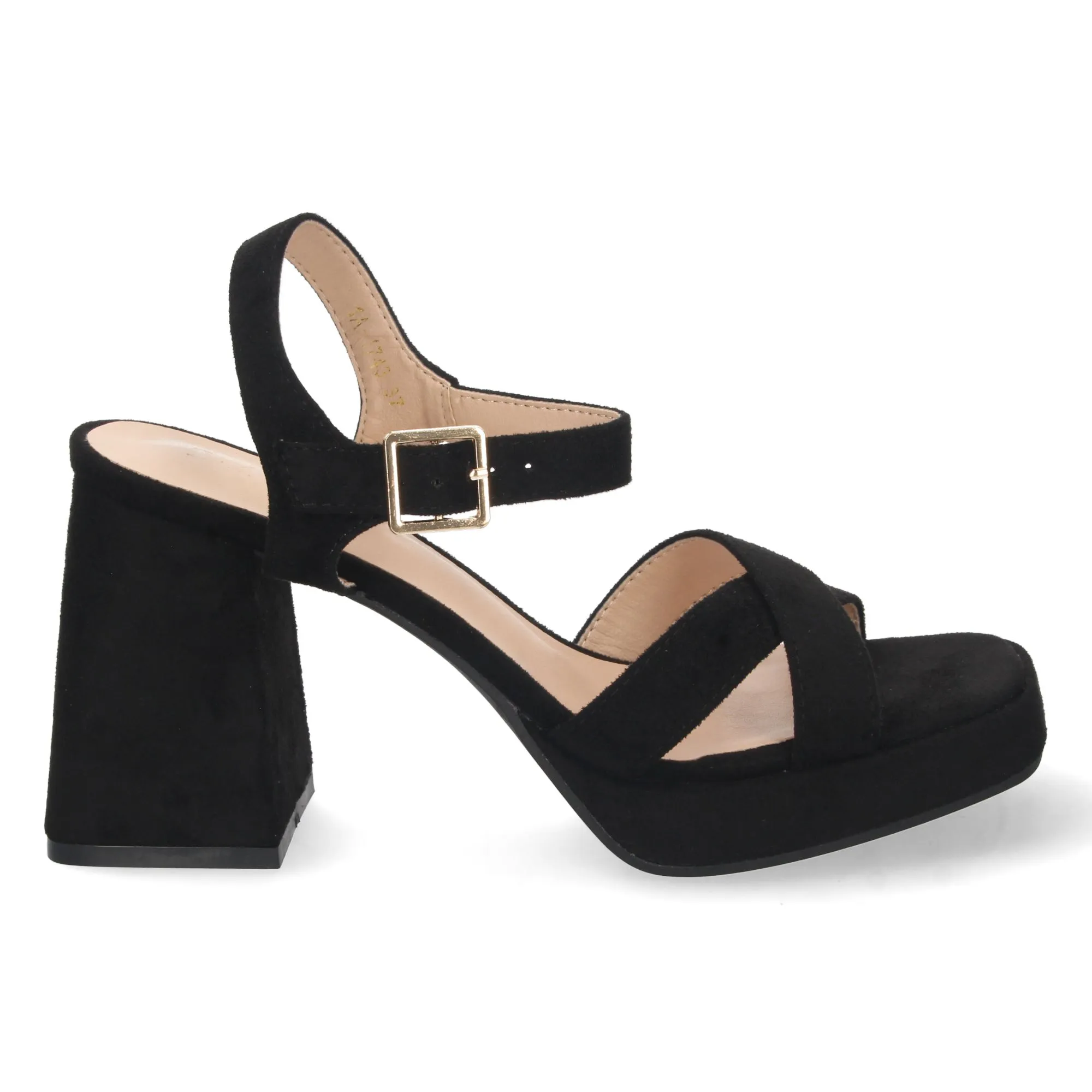 Sandalias fiesta tacón ancho y pala cruzada mujer negro