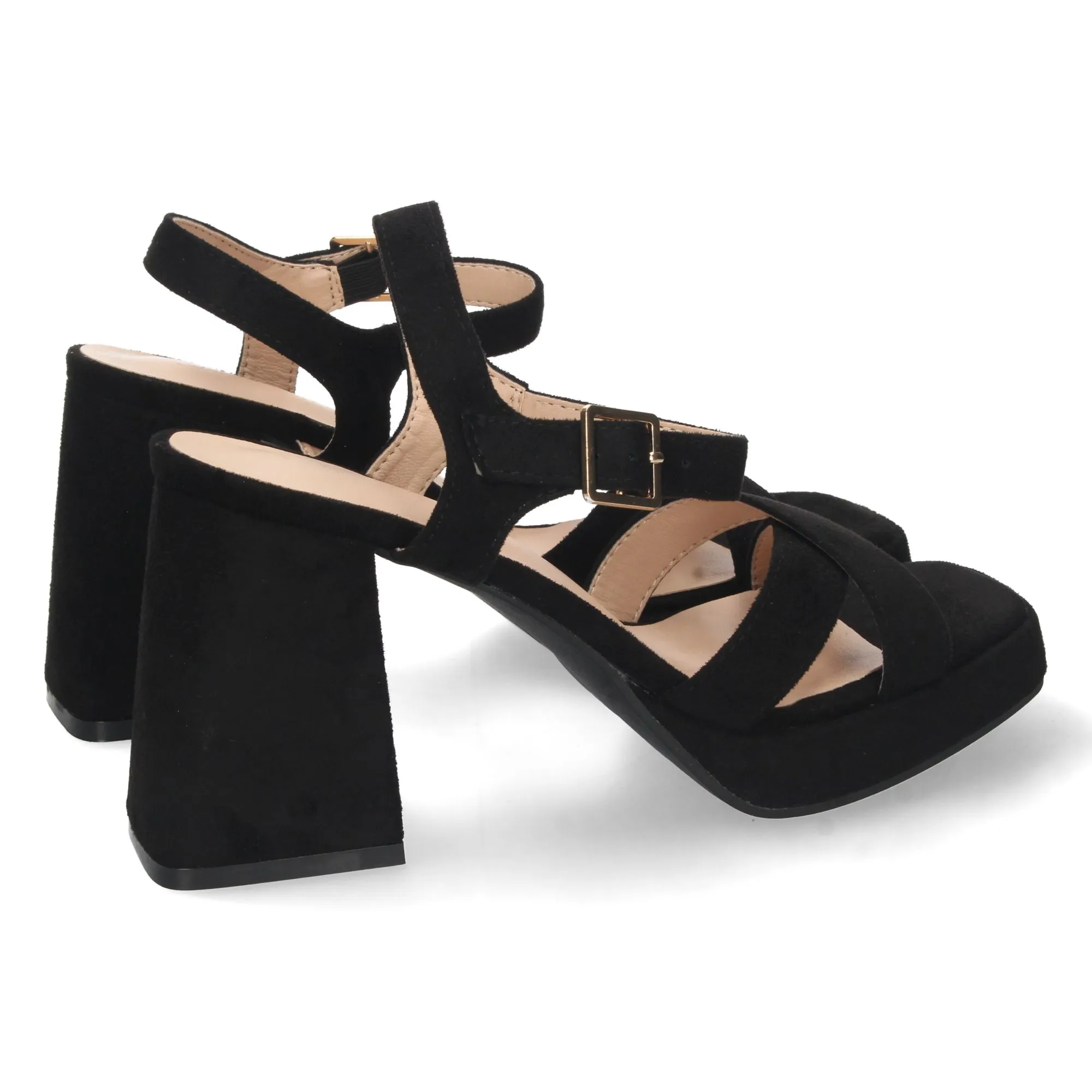 Sandalias fiesta tacón ancho y pala cruzada mujer negro