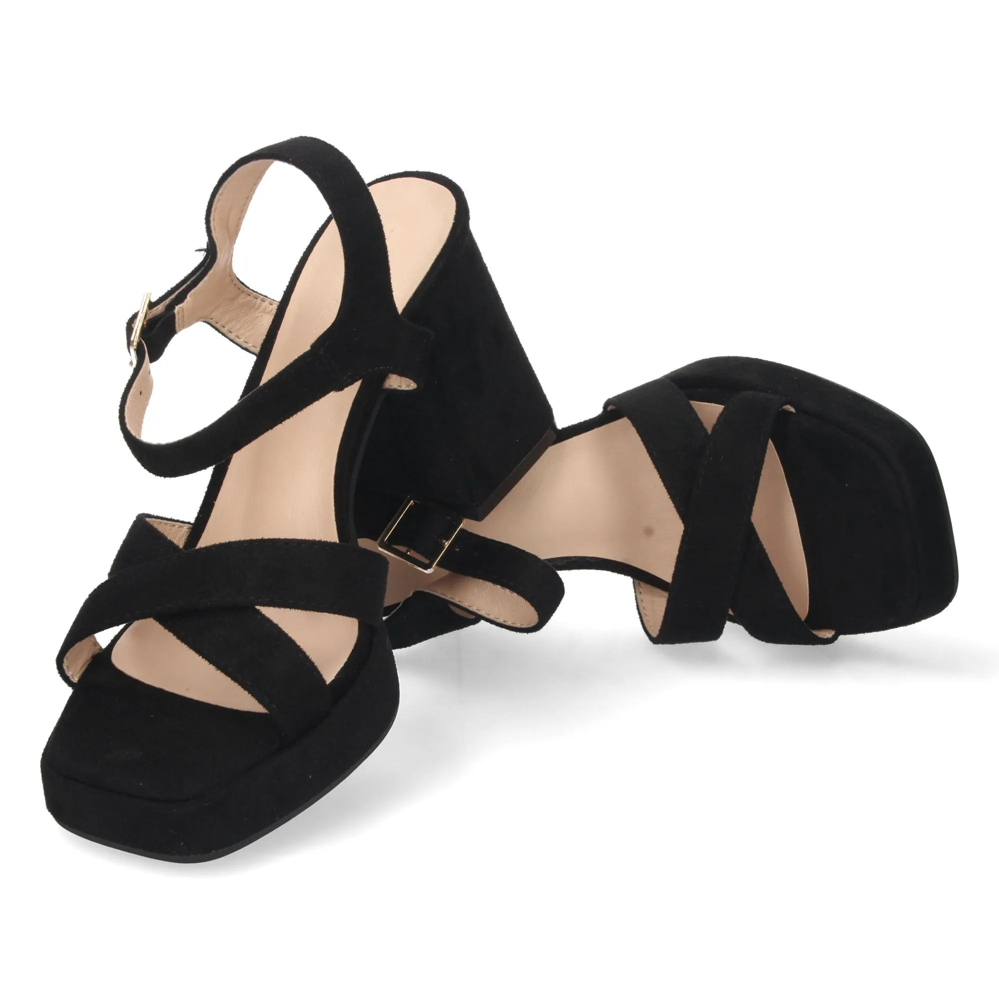 Sandalias fiesta tacón ancho y pala cruzada mujer negro