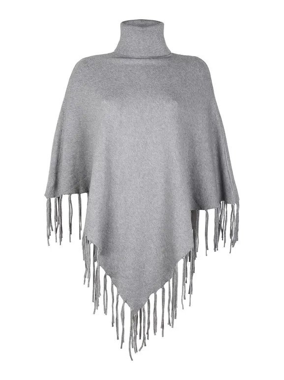 Solada Poncho de mujer de punto con cuello alto y flecos