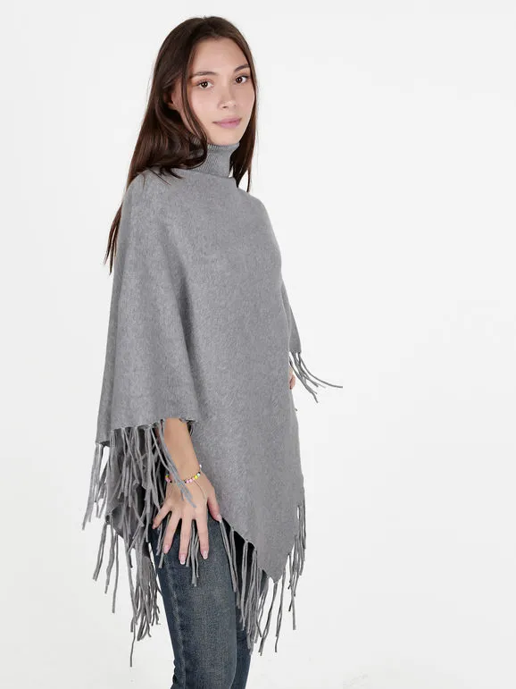 Solada Poncho de mujer de punto con cuello alto y flecos