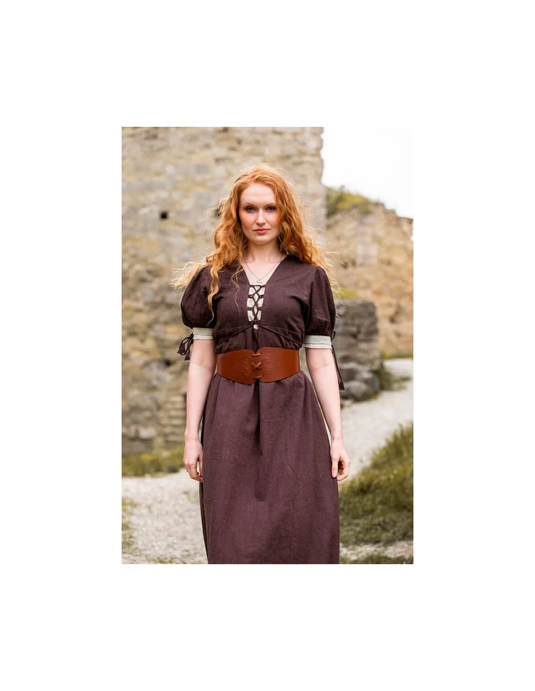 VESTIDO MEDIEVAL DENISE CON CORDONES, MARRóNBLANCO NATURAL