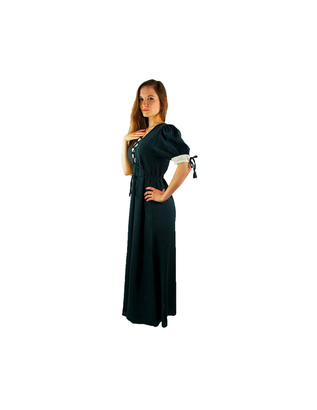VESTIDO MEDIEVAL DENISE CON CORDONES, VERDEBLANCO NATURAL