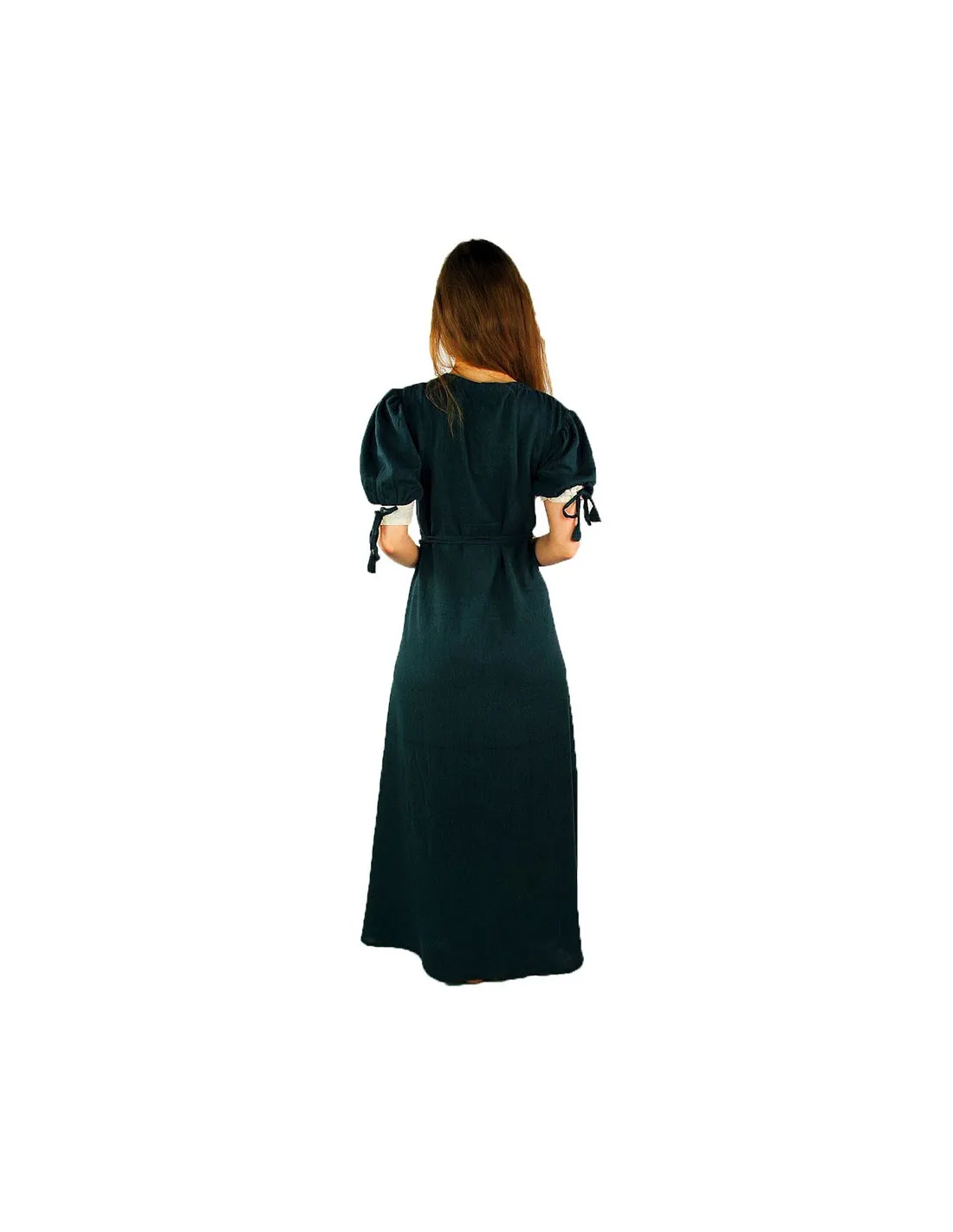 VESTIDO MEDIEVAL DENISE CON CORDONES, VERDEBLANCO NATURAL