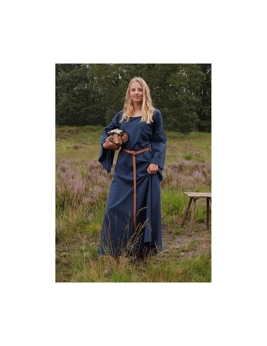 Vestido medieval mujer Burglinde azul mangas trompeta