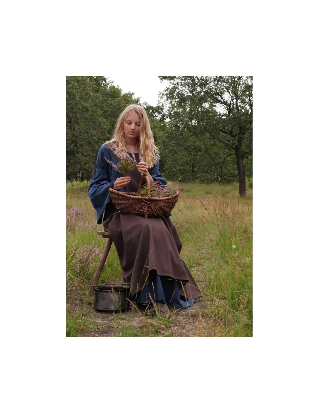 Vestido medieval mujer Burglinde azul mangas trompeta