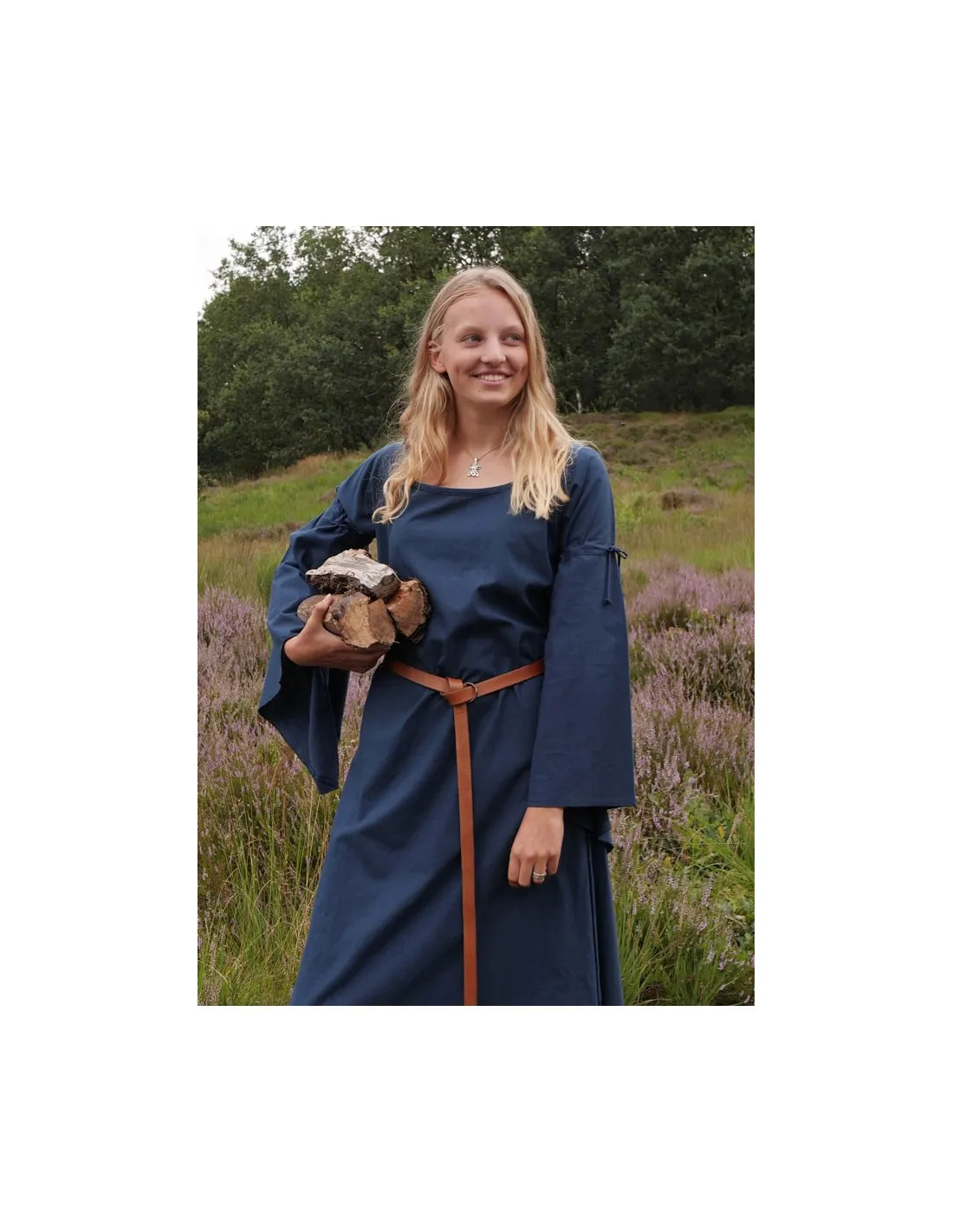 Vestido medieval mujer Burglinde azul mangas trompeta